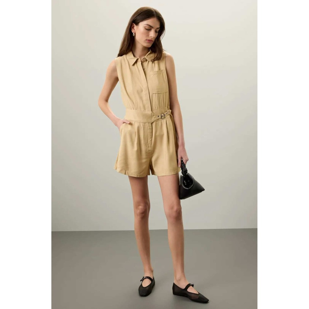 Jason Wu Women Tan Sleeveless Utility Romper Belted Khaki Shorts Jumpsuit Size 6